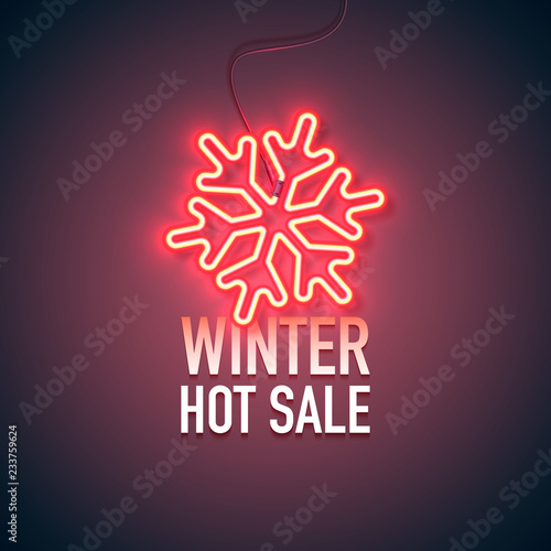 Bright heart. Neon sign. Retro neon Winter Hot Sale sign on purple background. Design element for your discount proposition. Ready for your design, banner. Vector illustration.