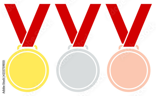 3 Medals Golden/Silver/Bronze Graphic Red Ribbon