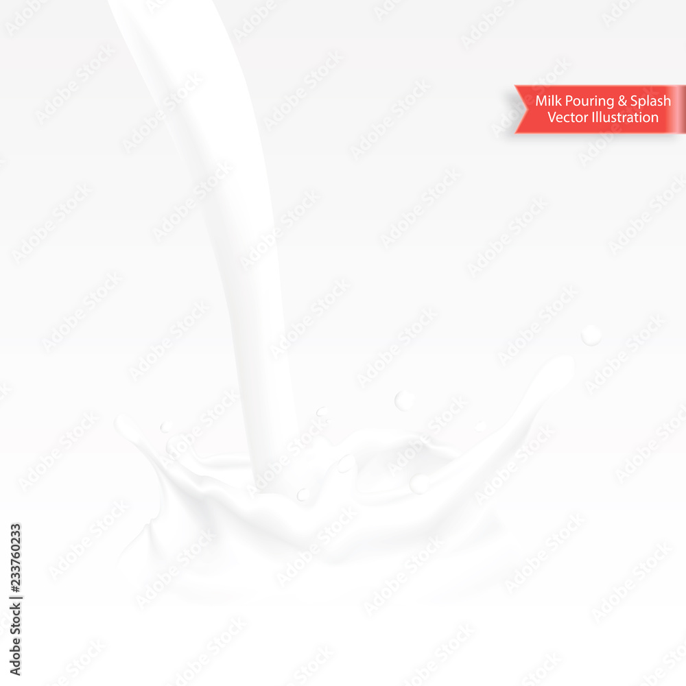 Abstract realistic milk pouring with splash isolated on white ...