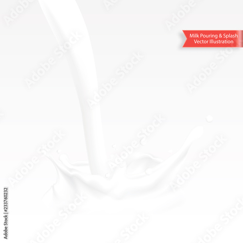 Abstract realistic milk pouring with splash isolated on white background. Vector illustration