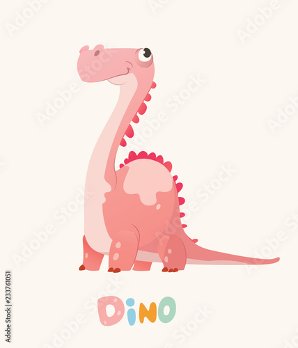 Cute Pink Cartoon Baby Dino. Bright Colorful dinosaur. Childrens illustration. Isolated. Vector