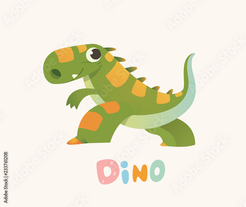 Cute Green Cartoon Baby Dino. Bright Colorful dinosaur. Childrens illustration. Isolated. Vector
