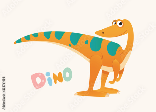 Cute Orange and Green Cartoon Baby Dino. Bright Colorful dinosaur. Childrens illustration. Isolated. Vector photo