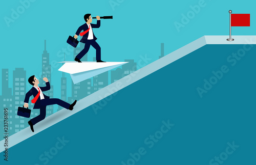 Businessman competition on up the slope. go to the goal of financial business success and Efforts go to target growth. creative idea. leadership. cartoon vector illustration