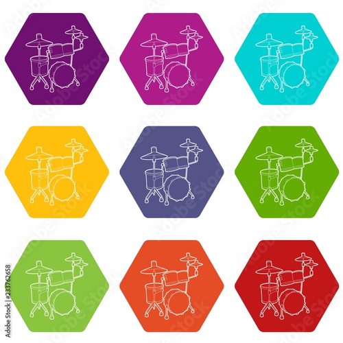 Drum icons 9 set coloful isolated on white for web