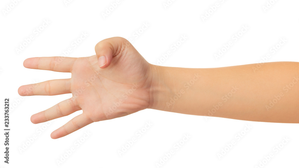 Human hand in reach out one's hand and counting number four fingers gesture isolate on white background with clipping path, High resolution and low contrast for retouch or graphic design