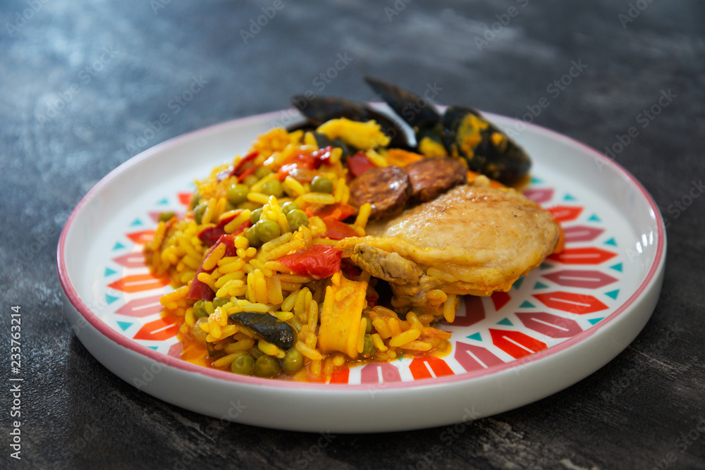 Paella with chicken, seafood and chorizo Paella with chicken, seafood and chorizo
