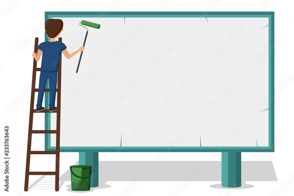 Advertising worker putting up posters on the Billboard. Standing on the mounting ladder. Advertising worker putting up posters on the Billboard. Standing on the mounting ladder.