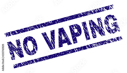 NO VAPING seal print with grunge style. Blue vector rubber print of NO VAPING label with retro texture. Text label is placed between parallel lines.