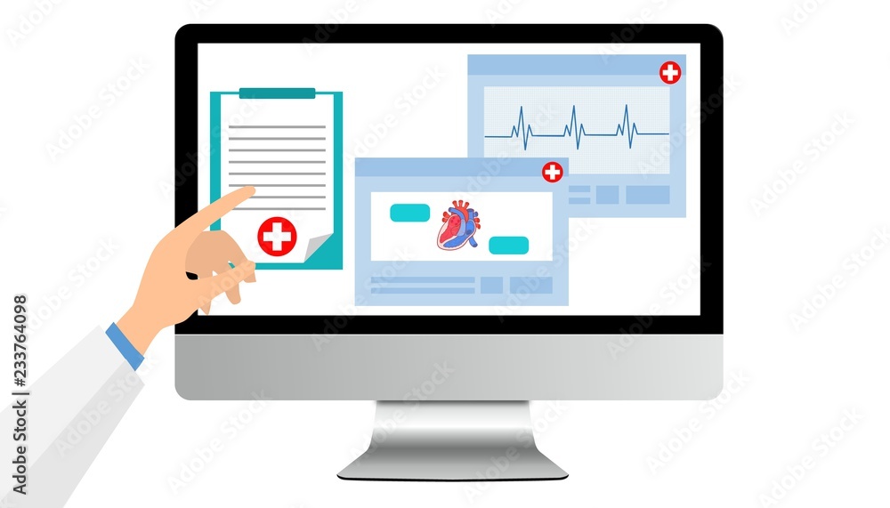 Illustration of healthcare app on a smartphone and professional medical team connected: online medical consultation concept Illustration of healthcare app on a smartphone and professional medical team connected: online medical consultation concept