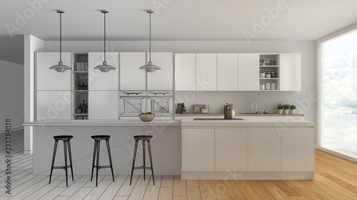 Fototapeta Naklejka Na Ścianę i Meble -  Unfinished project draft of modern minimalist white and wooden kitchen with island and big panoramic window, parquet, pendant lamps, contemporary architecture interior design