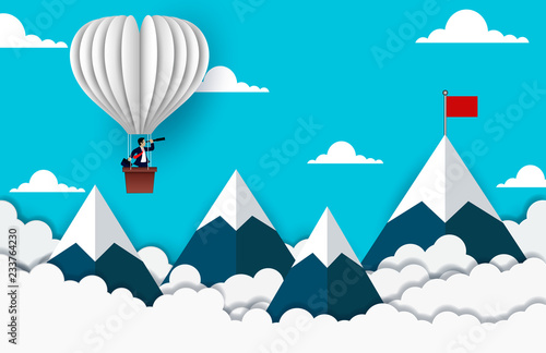 Businessman standing on Balloon looking with the  binocular go to red flag on sky between mountain. go to business success goal. creative idea. leadership. cartoon vector illustration 