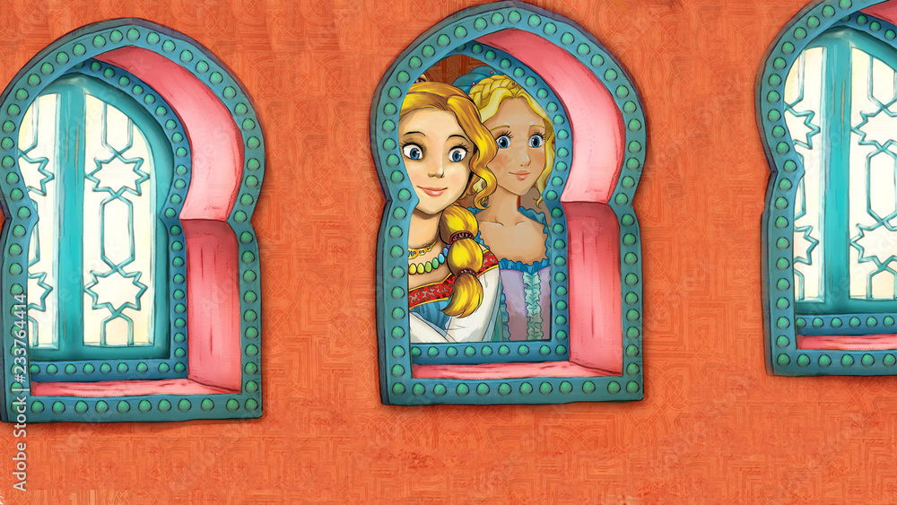 Fototapeta premium cartoon scene with medieval arabic room - far east ornaments - the stage for different usage - illustration for children
