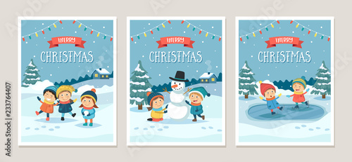 Set of Christmas greeting cards with children playing outdoors in the snow, different scenes. Vector illustration design template