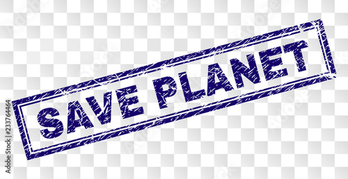 SAVE PLANET stamp seal print with rubber print style and double framed rectangle shape. Stamp is placed on a transparent background. Blue vector rubber print of SAVE PLANET tag with corroded texture.