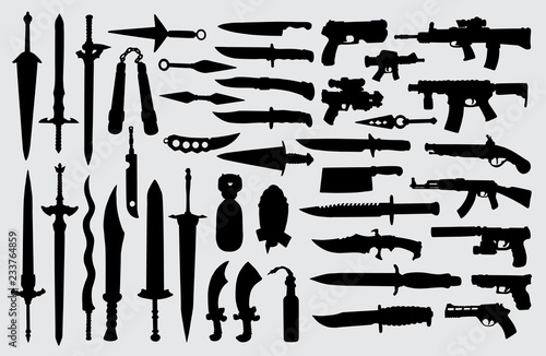 gun, pistol, sword and knife weapon silhouette good use for symbol, logo, web icon, mascot, sign, or any design you want. photo