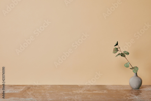 Vase with flower on table on beige background photo