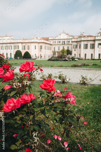 Varese OCT 2018 ITALY - flowers against the Estense Palace, or Palazzo Estense.