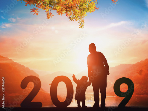 2019 New Year concept: 2019 at sunset background