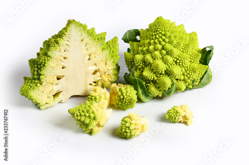 Romanesco broccoli, or Roman cauliflower. Top view, place for text photo