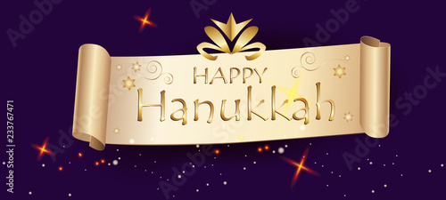 Happy Hanukkah Festival festive decoration with gold ribbon banner, vintage gold hanuka ornament. Vector Illustrtaion