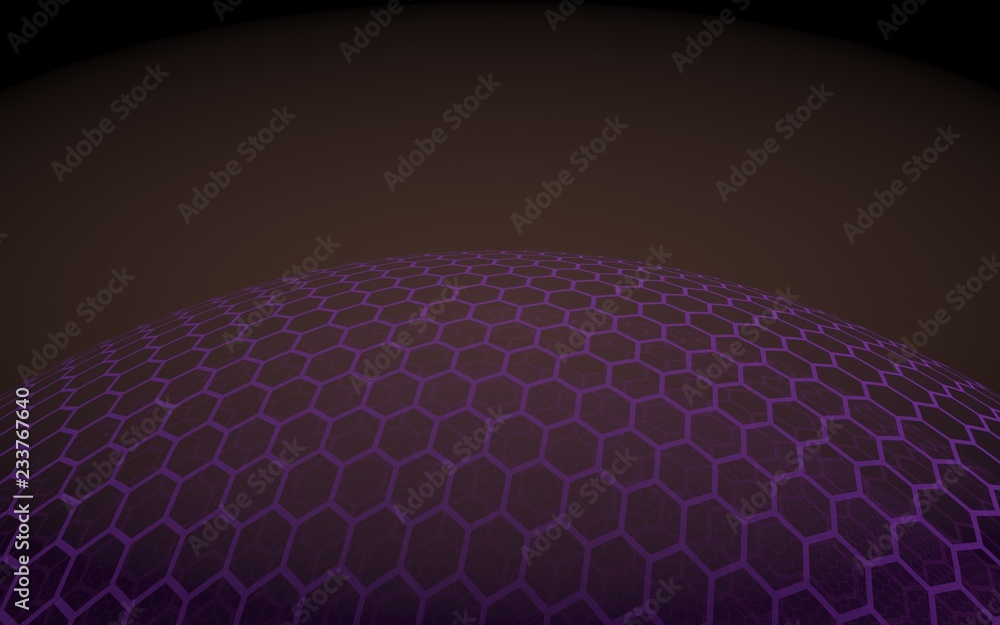 Fototapeta premium Multilayer sphere of honeycombs, purple on a dark background, social network, computer network, technology, global network. 3D illustration