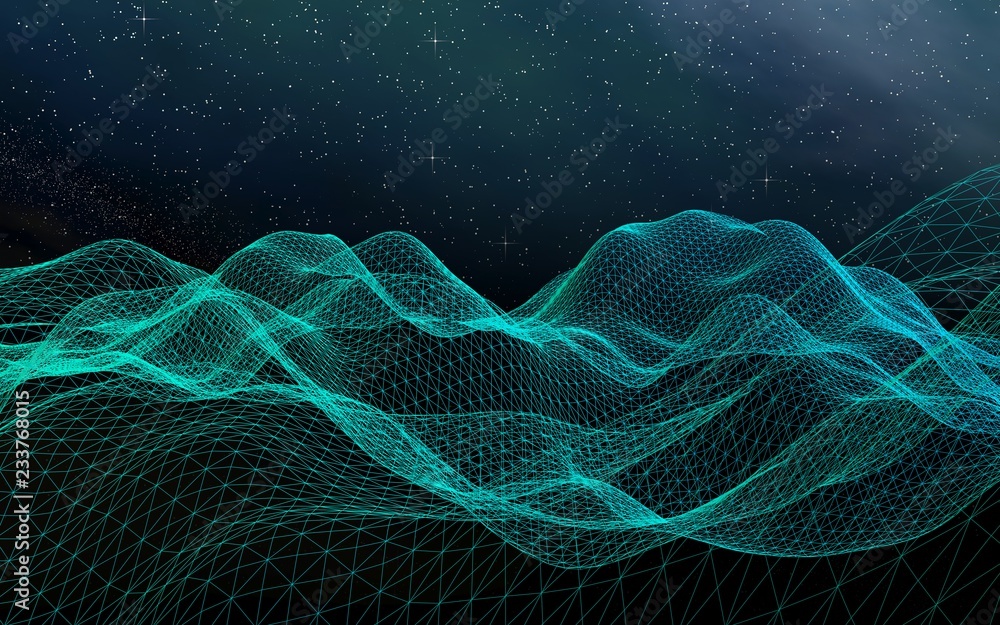 Abstract landscape on a dark background. Star horizon. Cyberspace grid. Hi-tech network. Outer space. Starry outer space texture. 3D illustration Abstract landscape on a dark background. Star horizon. Cyberspace grid. Hi-tech network. Outer space. Starry outer space texture. 3D illustration