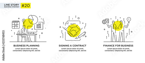 Set of illustrations concept with businessmen. Workflow, growth, graphics. Business development, milestones. linear illustration Icons infographics. Landing page site print poster. Line story