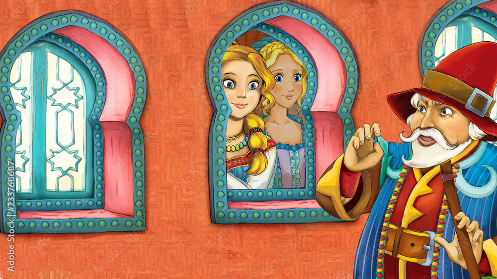 Fototapeta premium cartoon scene with medieval arabic room with prince or king and princess or queen - far east ornaments - the stage for different usage - illustration for children