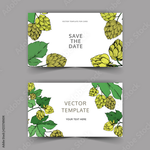 Green engraved humulus ink art. Green leaf. Vector Wedding background card. Save the date elegant card.