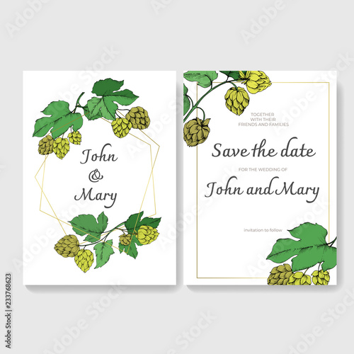 Green engraved humulus ink art. Green leaf. Vector Wedding background card. Save the date elegant card.