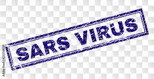 SARS VIRUS stamp seal print with rubber print style and double framed rectangle shape. Stamp is placed on a transparent background. Blue vector rubber print of SARS VIRUS text with dust texture.