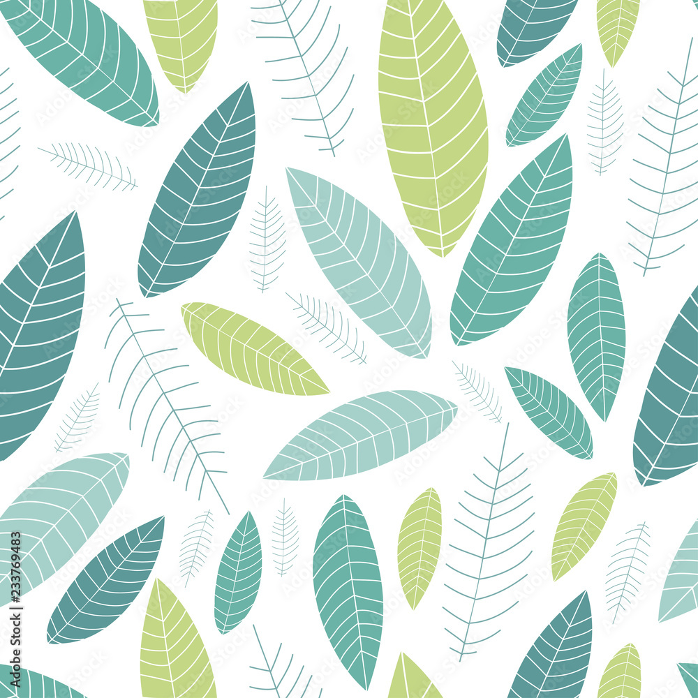 Hand drawn green leaves. Vector seamless pattern