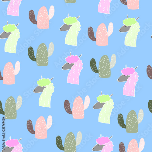 Lamas and alpacas and cactuses. Colorful vector seamless pattern. Blue background