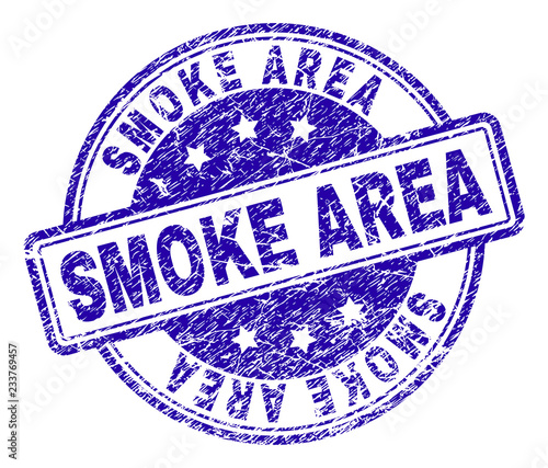 SMOKE AREA stamp seal watermark with grunge texture. Designed with rounded rectangles and circles. Blue vector rubber print of SMOKE AREA tag with retro texture.