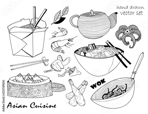 Asian cuisine. Hand drawn graphic vector set. All elements are isolated
