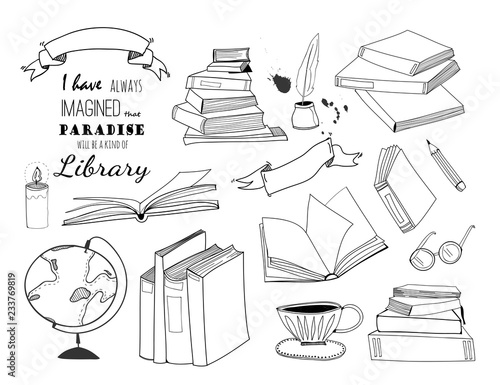 Books and other library stuff. Hand drawn graphic vector set. All elements are isolated