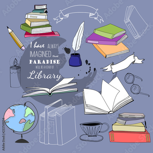 Books and other library stuff. Hand drawn colored graphic vector set. All elements are isolated