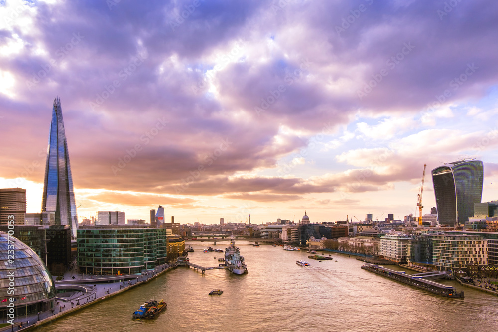 Panoramic view of London skyline at sunset
