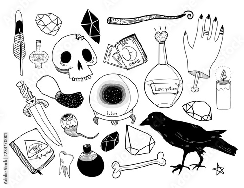 Hand drawn magic objects. Graphic occult elements. Black vector set. All elements are isolated