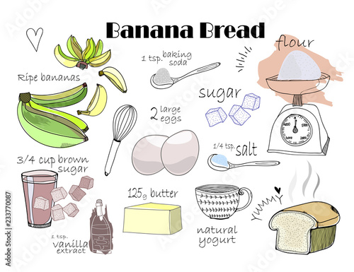 Banana bread recipe. Hand drawn vector ingredients. All elements are isolated