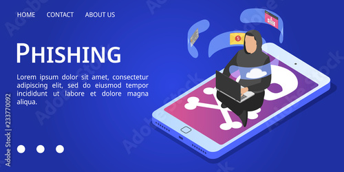 Phishing banner. Isometric illustration of phishing vector banner for web design