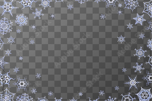 Horizontal frozen frame with lots of blue snowflakes on transparent background