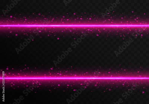 Bright pink laser stripes with colorful sparkles on a transparent background. Christmas vector illustration