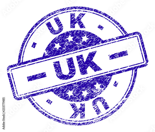 UK stamp seal watermark with distress texture. Designed with rounded rectangles and circles. Blue vector rubber print of UK title with dirty texture.