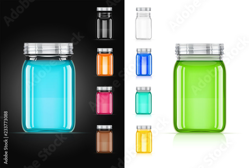 Jar with cap for trendy drink. Smoothie, juice, water capacity.