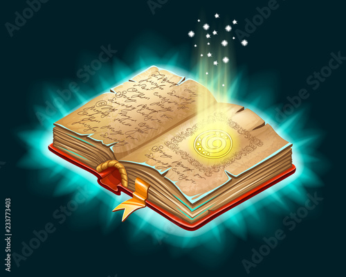 Isometric book of magic spells and witchcraft for computer game. Fairy tale icon in cartoon style. Vector illustration.