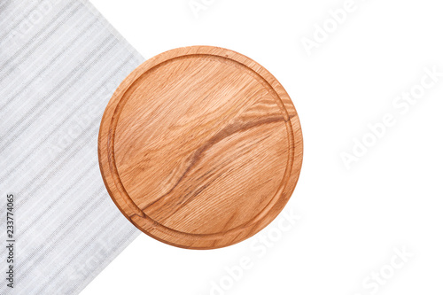 Pizza board with white table cloth isolated. Top view mockup.