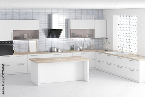 White modern kitchen interior 3d rendering