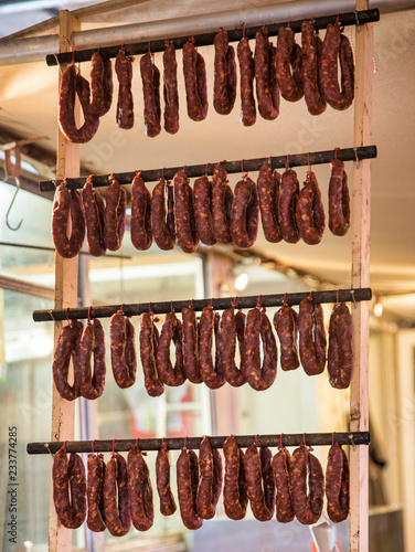Photography rows of sausages hanging  and drying